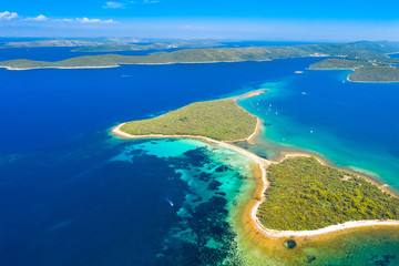 Aerial view of spectacular turquoise lagoon and pine beaches on Dugi Otok island, Croatia, beautiful seascape