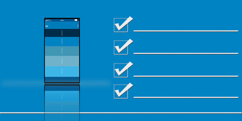 Cell phone illustration along with some blank lines and some checkboxes on blue background.