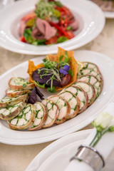 Food Table Celebration Delicious Party Meal Concept. A lot of food. Served for wedding, anniversary, other holiday. Banquet dishes in the restaurant
