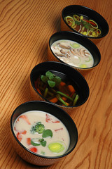 Japanese Cuisine - Miso Soup with vegetables and Tofu Cheese on a wooden table. Soup set