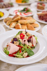 Food Table Celebration Delicious Party Meal Concept. A lot of food. Served for wedding, anniversary, other holiday. Banquet dishes in the restaurant