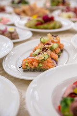 Food Table Celebration Delicious Party Meal Concept. A lot of food. Served for wedding, anniversary, other holiday. Banquet dishes in the restaurant
