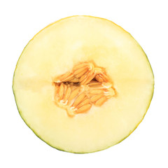 half of fresh piel de sapo (SANTA CLAUS) melon isoalted on white background. front view