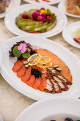 Food Table Celebration Delicious Party Meal Concept. A lot of food. Served for wedding, anniversary, other holiday. Banquet dishes in the restaurant