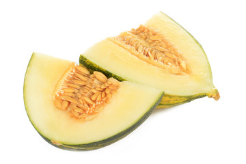 slice of fresh piel de sapo (SANTA CLAUS) melon isoalted on white background