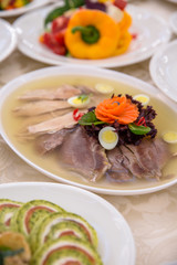 Food Table Celebration Delicious Party Meal Concept. A lot of food. Served for wedding, anniversary, other holiday. Banquet dishes in the restaurant