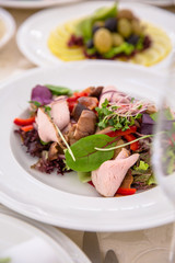 Food Table Celebration Delicious Party Meal Concept. A lot of food. Served for wedding, anniversary, other holiday. Banquet dishes in the restaurant