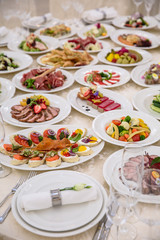 Food Table Celebration Delicious Party Meal Concept. A lot of food. Served for wedding, anniversary, other holiday. Banquet dishes in the restaurant