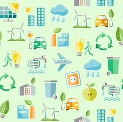 Eco-friendly technology, seamless pattern, light, color, vector. Clean energy, fuel and food production. Seamless color background. Future technology. Colored icons on a light field.   