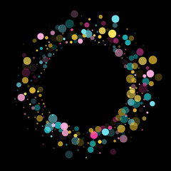 Memphis round confetti festive background in cyan blue, pink and yellow. Childish pattern vector.