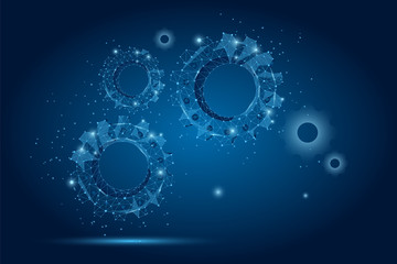 Abstract line and point gear on dark blue night sky with stars. Polygonal low poly background with connecting dots and lines. illustration connection structure