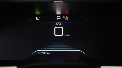 Car dashboard panel with speedometer, tachometer, odometer, fuel gauge and gear position indicator.