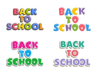 Set of text Back to School. Bright multi-colored letters isolated on white background. Cartoon comic style.  Design elements for cards, leaflets, flyers, envelopes, shop sales.