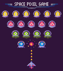 War of ufo and pixelated spaceship, ship shooting, screen of video-game, bomb of monster, cosmic object on purple, 8 bit fly element, pixel game, rocket with laser vector © robu_s