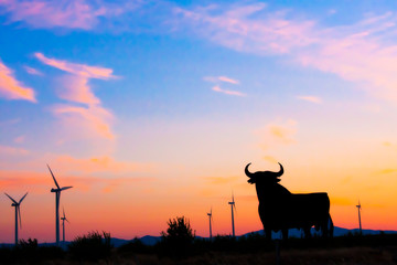 Spanish bull roadsign  in the sunset with the wind generators in background