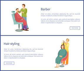 Barber for men beards, male specializing trimming hair on face. Service for people to change haircut. Posters set with text sample and experts vector
