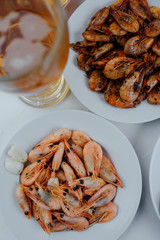 boiled shrimps, fried shrimps and beer