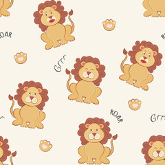 Seamless pattern with lion and words grrr and roar on white background.  For decoration, invitation, fabric and textile print, kids pajamas, wallpapers, gift and wrapping paper.