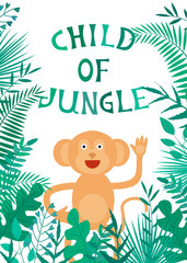 Vector illustration with tropical leaves and monkey on white background. For poster in nursery, template for greeting card, party invitation, design children t-shirt print.