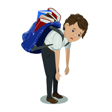 Under pressure school child carrying heavy school bag on white background. Vector illustration.
