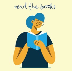 Vector concept of World Book Day and reading books in the flat style.The girl reads a book.