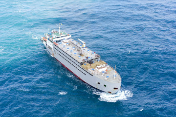 Livestock carrier ship at sea - Aerial image.