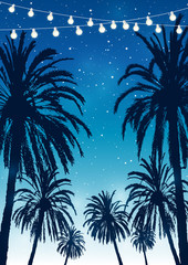 Summer party background with palm trees silhouettes on night starry sky