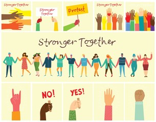 Vector illustration of Happy men and women holding hands together in the flat style. Concept illustration with colored characters. Stronger together