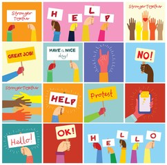 Hands hold banners and phones with different messages. Modern concept for web banners, web sites, infographics. Creative flat design vector illustration