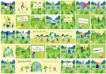 Vector illustration ECO background of Concept of green eco energy and quote Save the planet. Landscape, forest, hills and trees with wind turbines in flat geometric style