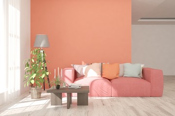 Fototapeta na wymiar Stylish room in coral color with sofa. Scandinavian interior design. 3D illustration
