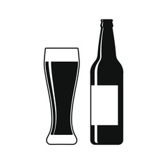 Beer bottle and glass graphic icon. Beer bottle and glass sign isolated on white background. Vector illustration