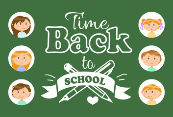 Girls and boys pupils, back to school lettering vector. Pen and pencil, stationery tools and students avatars, education and knowledge, writing supplies