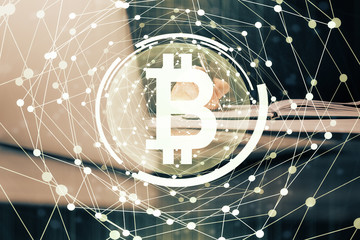 Man's hands working with notes background. Cryptocurrency and finance concept.