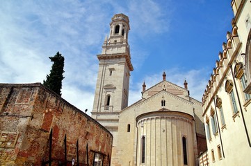 tower of Duomo, Cathedral Dom, Santa Maria Matricolare Cathedral in Verona, Italy Cathedral Duomo facade. Roman Catholic cathedral, dedicated to the Blessed Virgin Mary. 