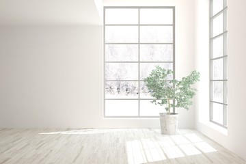 Mock up of empty room in white color with winter landscape in window. Scandinavian interior design. 3D illustration