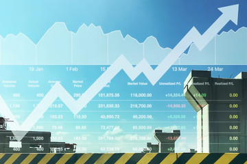 Business Financial Economy presentation background of heavy construction for transportation  industrial Stock index data analysis with chart and graph on construction site background.
