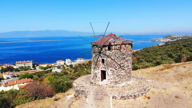Aerial view of Stone windmill of Cunda Island, Ayvalik, Turkey. 