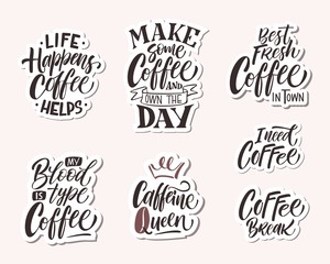 Hand drawn coffee related popular quotes set. Handwritten lettering design elements for cafe decoration and shop advertising