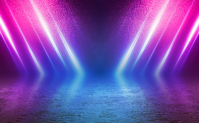 Empty background scene. Dark street reflection on wet asphalt. Rays of neon light in the dark, neon...
