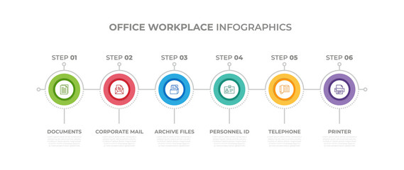 Modern design elements for Office And Workplace concept Multicolor infographics.Timeline with 6 steps, options, Circles. Vector template