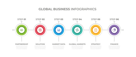 Modern design elements for Global Business concept Multicolor infographics.Timeline with 6 steps, options, Circles. Vector template