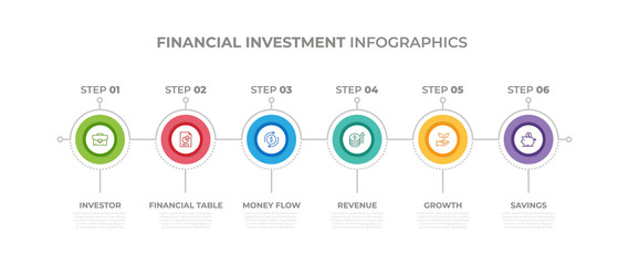 Modern design elements for Financial Investment concept Multicolor infographics.Timeline with 6 steps, options, Circles. Vector template