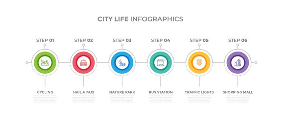 Modern design elements for City Life concept Multicolor infographics.Timeline with 6 steps, options, Circles. Vector template