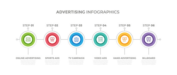Fototapeta premium Modern design elements for Advertising concept Multicolor infographics.Timeline with 6 steps, options, Circles. Vector template