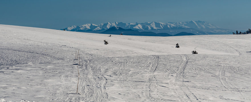 Tatra mountains from Lucanska Mala Fatra mountains bellow Veterne hill in Slovakia during winter