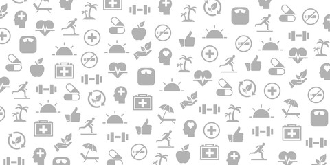 Vector set of design templates and elements for Healthy Lifestyle in trendy linear style - Seamless patterns with linear icons related to Healthy Lifestyle