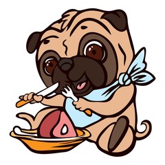 Pug eat meat icon. Cartoon of pug eat meat vector icon for web design isolated on white background