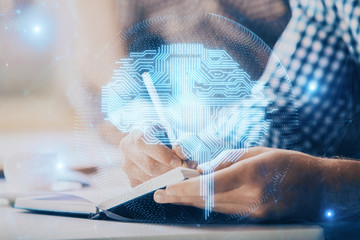 Man with multi exposure atificial intelligence brain icons.