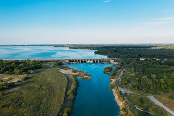 Dam at Voronezh water reservoir, aerial view